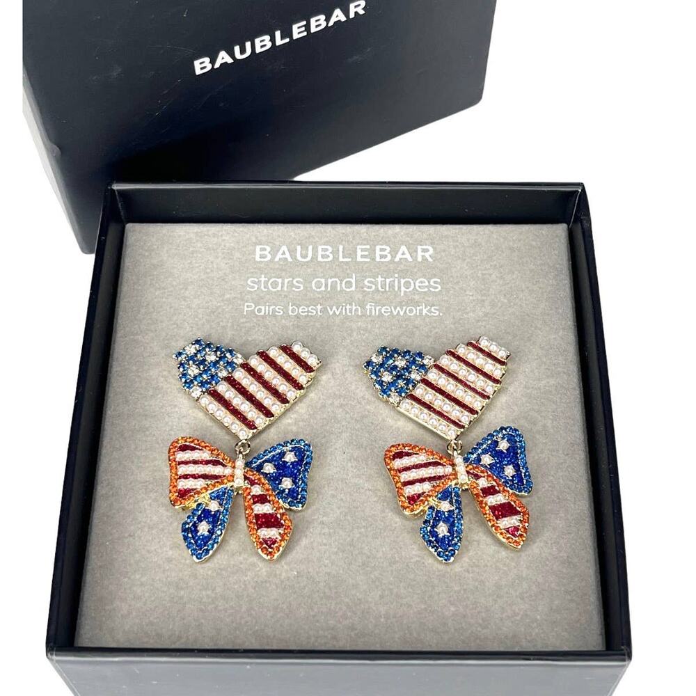 NEW BaubleBar Patriotic EARRINGS Dangle Drop Red White & Blue Bows Hearts Pearls